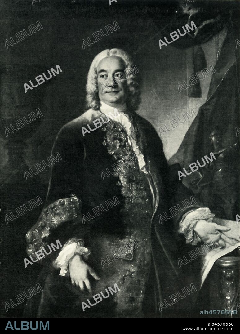 Charles François Paul Le Normant de Tournehem, 1750, (1903). 'M. Lenormant De Tournehem, Directeur Des Bâtiments Du Roi'. Portrait of French financier de Tournehem (1684-1751), director of the King's Buildings (a division of Department of the household of the Kings of France, responsible for building works at the King's residences in and around Paris). He was also the legal guardian of Madame de Pompadour. In the background is the Medici Vase, now in the Uffizi Gallery in Florence. After a painting by Louis Tocqué, in the collection of the palace of Versailles, France. From "La Revue De L'Art Ancien et Moderne" - Volume XIV, July-December 1903, [Paris, 1903].
