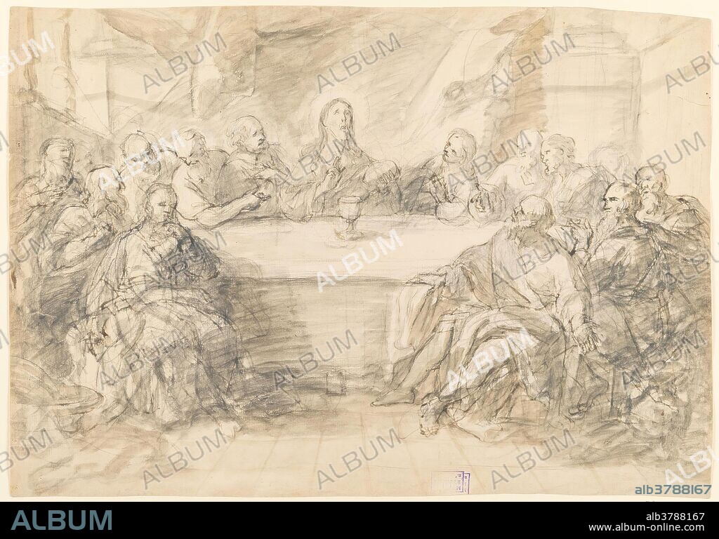 ANÓNIMO. Anónimo / 'La Última Cena'. Mediados del siglo XVIII. Carboncillo, Pluma, Tinta parda sobre papel agarbanzado, 316 x 518 mm.