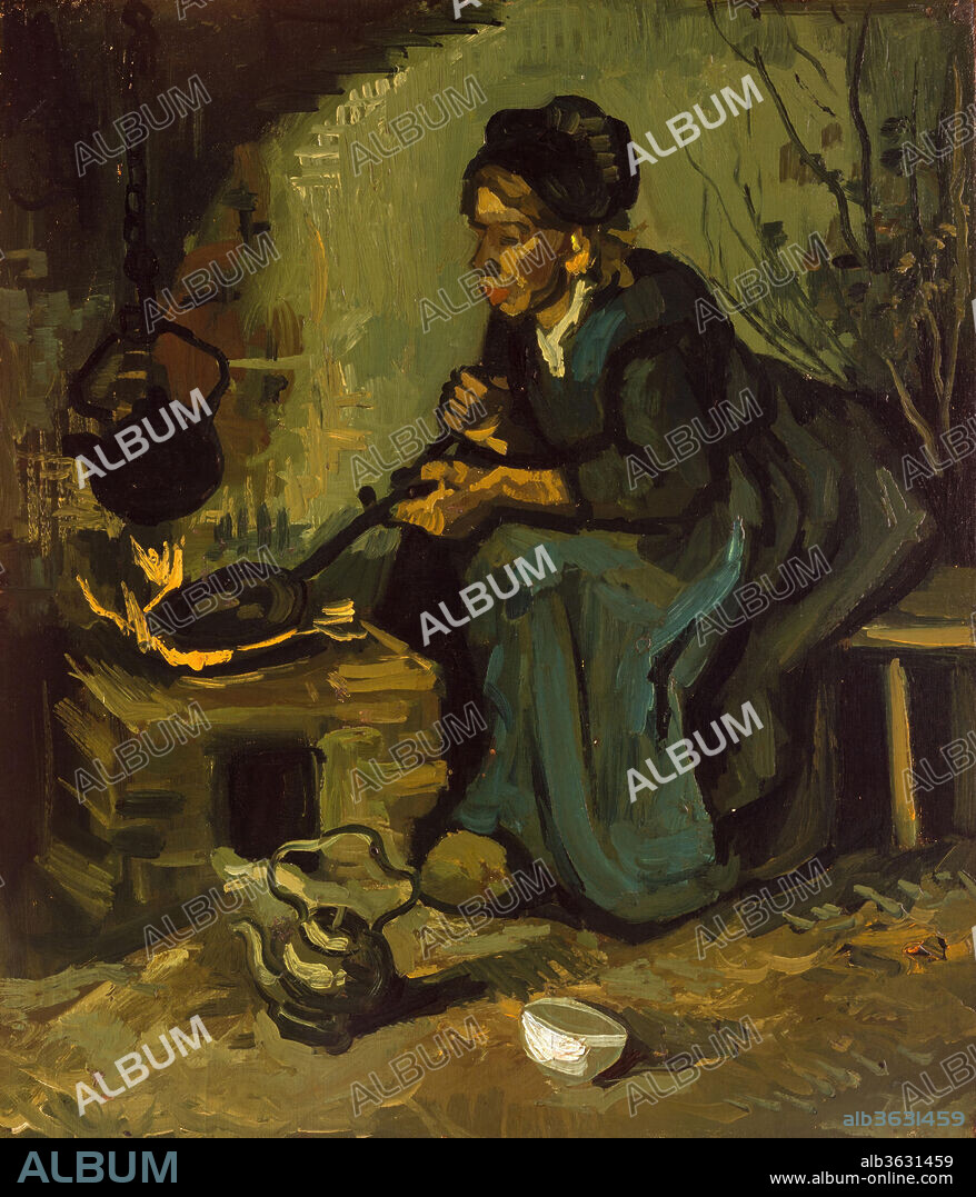 Peasant Woman Cooking by a Fireplace. Artist: Vincent van Gogh (Dutch, Zundert 1853-1890 Auvers-sur-Oise). Dimensions: 17 3/8 x 15 in. (44.1 x 38.1 cm). Date: 1885.
This work was made in Nuenen in late spring 1885, just after Van Gogh completed <i>The Potato Eaters</i> (Van Gogh Museum, Amsterdam), in the same dark hues that reminded the artist of "green soap" or "a really dusty potato, unpeeled of course." Van Gogh was "convinced that in the long run it produces better results to paint [peasants] in their coarseness than to introduce conventional sweetness... If a peasant painting smells of bacon, smoke, potato steam--fine--that's not unhealthy--if a stable smells of manure--very well, that's what a stable's for.".