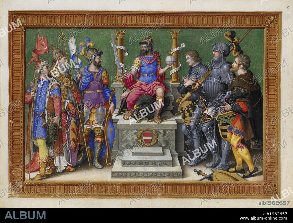 A victory scene of Emperor Charles V of Spain. People gathered around the triumphant king on a throne. . A SERIES of twelve miniatures illustrating the victories of the Emperor Charles V. with descriptive quatrains in Spanish. Antwerp. A SERIES of twelve miniatures illustrating the victories of the Emperor Charles V. with descriptive quatrains in Spanish. Each miniature, including a border 3/4 inch wide, measures 10 1/4 inches in length by 7 inches in height, and is painted on the recto of a leaf of vellum, 11 1/2 x 8 inches. Source: Add. 33733 f.5. Language: Spanish.