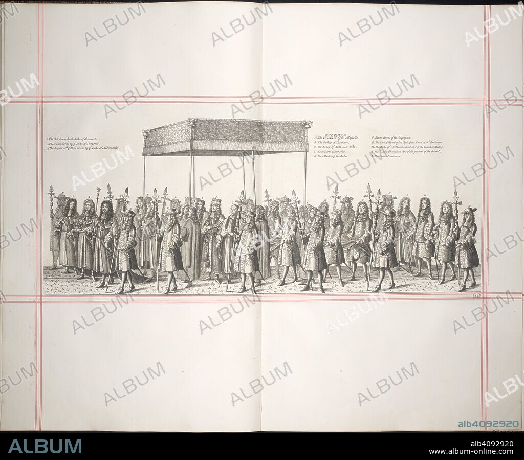 FRANCIS SANDFORD. Part of the formal procession for the coronation of James II: The Royal canopy. As baron of the cinque ports, Samuel Pepys was allocated a place of honour, holding the nearer of the front poles supporting the canopy. The History of the Coronation of ... James II. ... and of Queen Mary. T. Newcomb: In the Savoy, [London,] 1687. Source: G.8188, +136. Language: English.