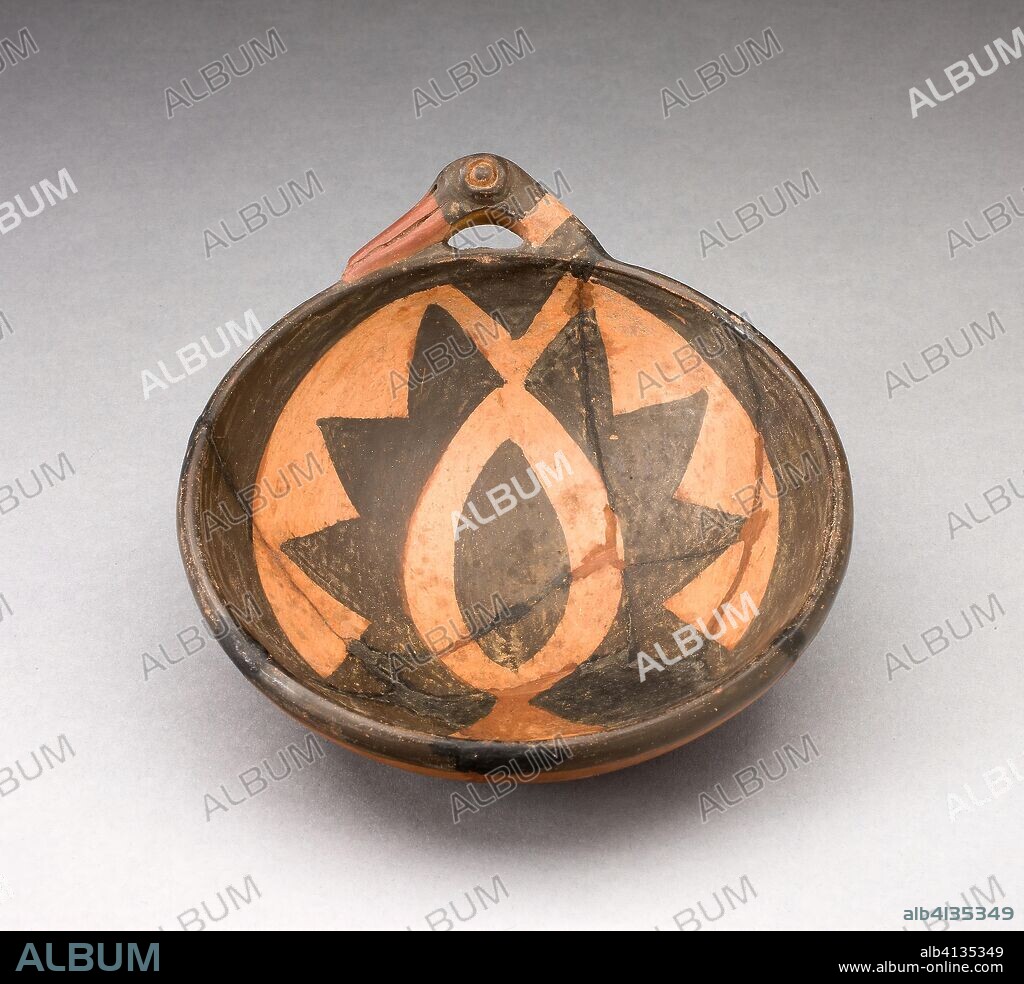 Miniature Bowl with Large Geometric Motif and Bird-Head Handle. Inca; South coast or southern highlands, Peru. Date: 1450-1532. Dimensions: 5.6 x 14.6 cm (2 3/16 x 5 3/4 in.). Ceramic and pigment. Origin: Peru, southern.