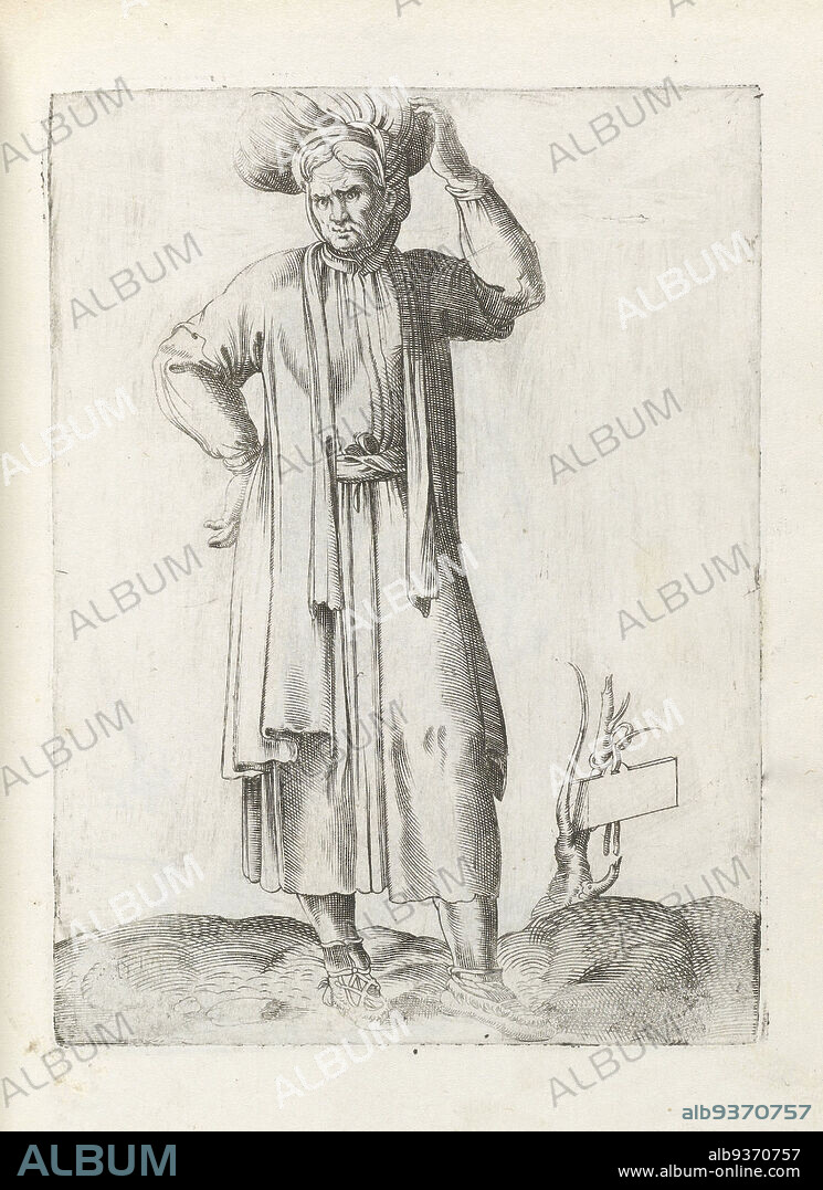 Spanish countryman ca. 1550, Diversarum gentium nostrae aetatis habitus (series title), Spanish countryman, wearing a suit on his head. Untitled print from album 'Diversarum gentium nostrae aetatis habitus'., print maker: Enea Vico, Venice, in or before 1558, paper, engraving.