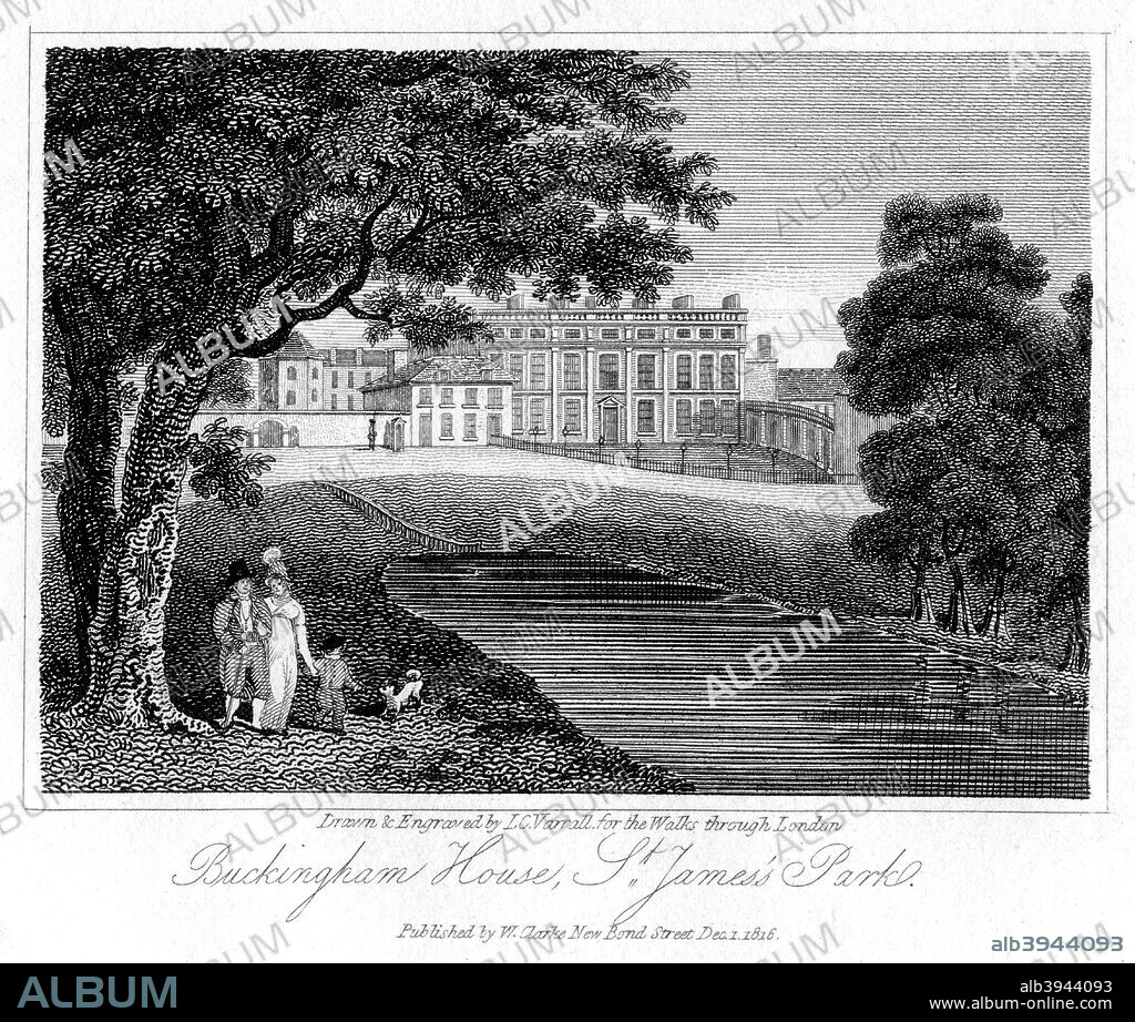 'Buckingham House, St James Park', London, 1816. Buckingham House was reconstructed as Buckingham Palace in the 1820s.
