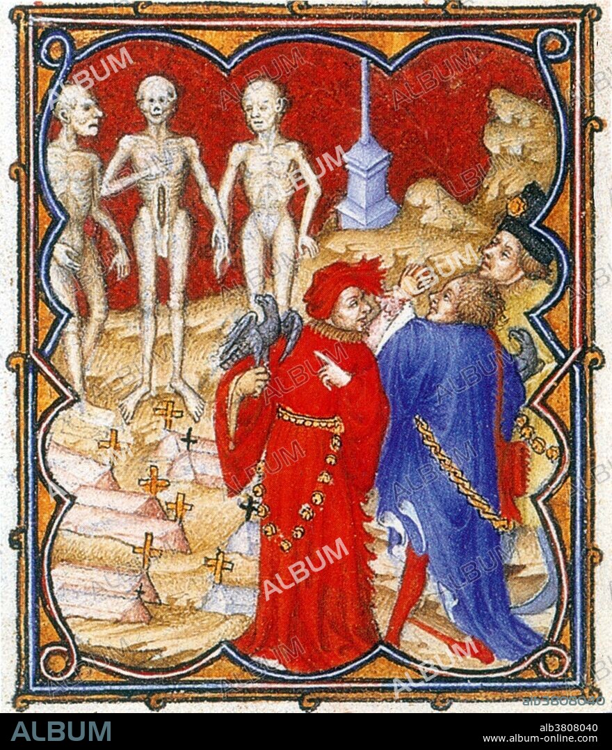 Illuminated manuscript taken from The TrÃ¨s Riches Heures du Duc de Berry, or TrÃ¨s Riches Heures, one of the best examples of French Gothic manuscript illumination surviving to the present day. It is a book of hours: a collection of prayers to be said at canonical hours. It was created between circa 1412 and 1416 for for the extravagant royal bibliophile and patron John, Duke of Berry, by the Limbourg brothers. Dance of Death, also called Danse Macabre (French), Danza Macabra (Italian), Dansul Mortii (Romanian), Danza de la Muerte (Spanish), Dansa de la Mort (Catalan), Danca Macabra (Portuguese language), Totentanz (German), Dodendans (Dutch), Surmatants (Estonian), is an artistic genre of late medieval allegory on the universality of death: no matter one's station in life, the Dance of Death unites all.