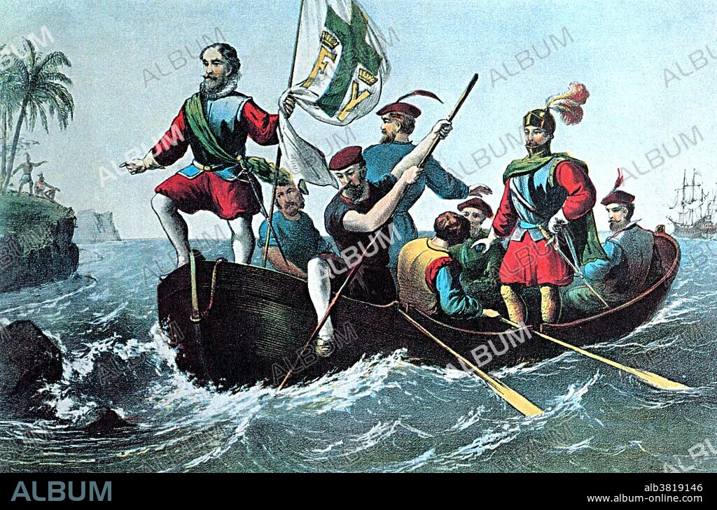 Lithograph entitled: "The landing of Columbus at San Salvador, October 12, 1492." Christopher Columbus (October 30 or 31, 1451 - May 20, 1506) was an Italian explorer, colonizer, and navigator. He completed four voyages across the Atlantic Ocean that led to European awareness of the American continents. During his first voyage in 1492, instead of reaching Japan, he landed in the Bahamas archipelago, which he named San Salvador. Over the course of three more voyages, he visited the Greater and Lesser Antilles, the Caribbean coast of Colombia and Venezuela, claiming them for the Spanish Empire. His efforts to establish permanent settlements in the island of Hispaniola, started Spanish colonization, which foreshadowed the general European colonization of the "New World". Though Columbus was not the first European explorer to reach the Americas, his voyages led to the first lasting European contact with the Americas, inaugurating a period of European exploration, conquest, and colonization that lasted for several centuries.