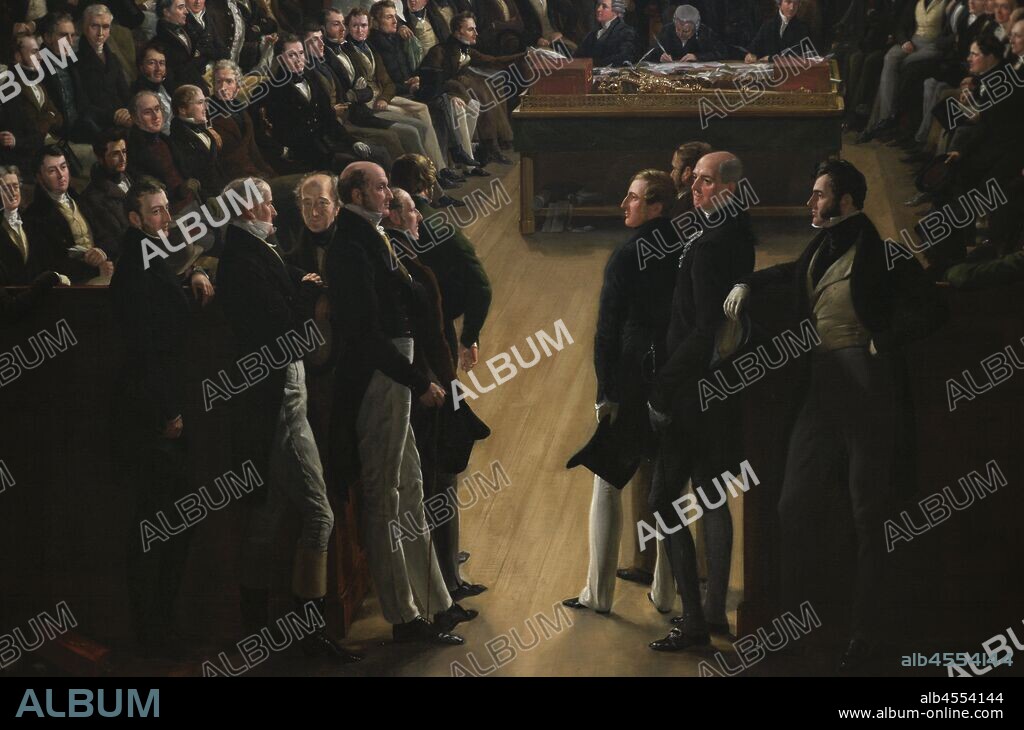 Ley de reforma de 1832 (Reform Act 1832). Ley del parlamento que introdujo cambios en el sistema electoral inglés y galés. Pintura por Sir George Hayter (1792-1871): "La Reforma de la Cámara de los Comunes,1833". Conmemora la aprobación de la ley de reforma de 1832. Muestra la primera sesión del 5 de febrero de 1833 celebrada en la Capilla de San Esteban, de la reformada Cámara de los Comunes. Oleo sobre lienzo firmado y datado entre 1833-1483. Detalle. National Portrait Gallery. Londres. Inglaterra.