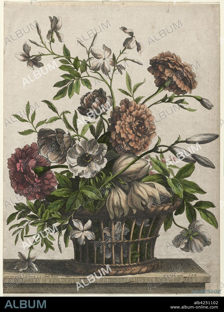 Marigolds, single Anemone, Jasmine.... Jean-Baptiste I Monnoyer (French, c. 1636-1699). Etching and engraving, hand colored.