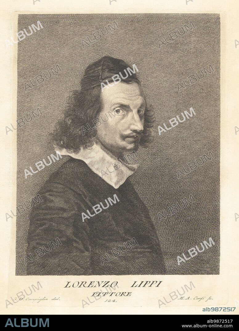 Lorenzo Lippi, Italian painter and poet from Florence, court painter in Innsbruck, 1606-1665. Pittore. Copperplate engraving by Marcantonio Corsi after Giovanni Domenico Campiglia after a self portrait by the artist from Francesco Moucke's Museo Florentino (Museum Florentinum), Serie di Ritratti de Pittori (Series of Portraits of Painters) stamperia Mouckiana, Florence, 1752-62.