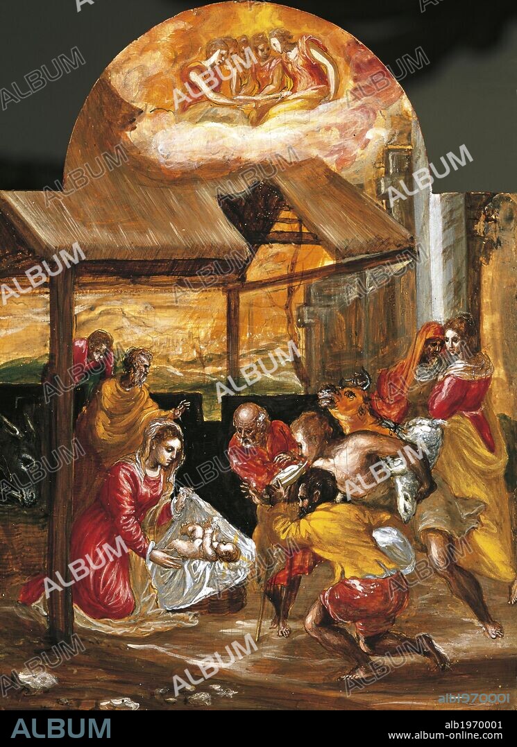 The Adoration of the Shepherds, 24x18 cm, detail from the side panel of the Modena Triptych, 1568, by El Greco (1541-1614), tempera on wood.