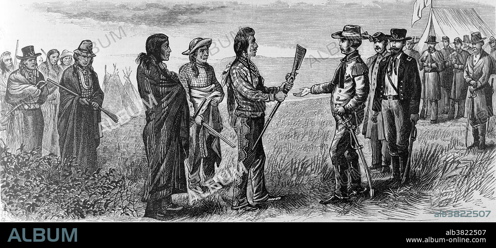 Chief Joseph handing rifle to General Nelson Miles as a gesture of surrender, 1877. Hin-mah-too-yah-lat-kekt, (March 3, 1840 - September 21, 1904) was the leader of the Wal-lam-wat-kain band of Nez Perce who were forcibly removed from their ancestral lands by the Federal government. The Nez Perce who resisted took flight to attempt to reach political asylum and were pursued by the US Army. This 1,170 mile fighting retreat by the Nez Perce in 1877 became known as the Nez Perce War. The skill with which they fought and the manner in which they conducted themselves in the face of incredible adversity led to widespread admiration among their military adversaries and the American public. By the time Joseph surrendered, 150 of his followers had been killed or wounded. Although he had negotiated a safe return home for his people, General Sherman forced Joseph and 400 followers to be taken on unheated rail cars to Fort Leavenworth to be held in a prisoner of war campsite for eight months. He died in September 1904, still in exile from his homeland, according to his doctor "of a broken heart.".