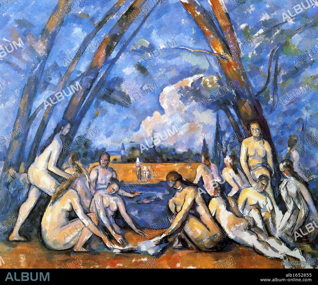 Les Grandes Baigneuses' (The Bathers), 898-1905, first exhibited 1906. Oil on canvas. Largest of series of 'Bathers'. Paul Cezanne (1839-1906) French Post-Impressionist artist. Nude Male Female Landscape River Blue.