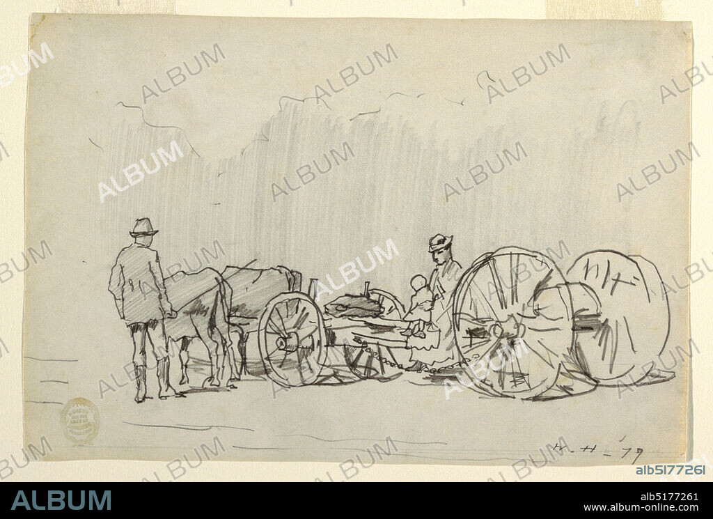 Yoke of Oxen, Winslow Homer, American, 18361910, Graphite on paper, Horizontal view of a yoke of oxen with a drover, drawing a truck on which a woman sits with a small child on her lap, and a faint indication of trees visible in background., USA, 1879, landscapes, Drawing, Drawing.