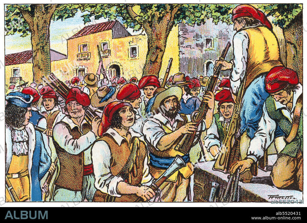 ALBERT MESTRE MORAGAS. Historia de Catalunya. Reparto de armas al pueblo de Barcelona para resistir el asalto del duque de Berwick en 1714. Cromo de Xacolata Juncosa. Año 1932.