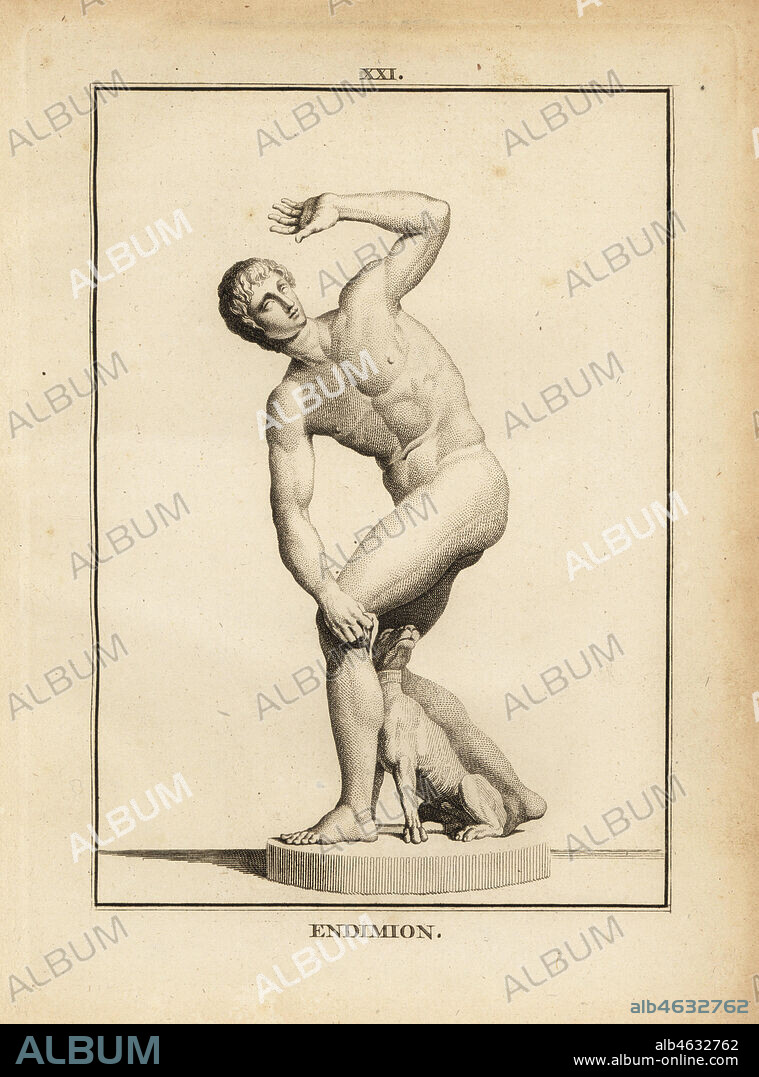 Statue of Endymion, Greek shepherd. Copperplate engraving by Francois-Anne David from Museum de Florence, ou Collection des Pierres Gravees, Statues, Medailles, Chez F.A. David, Paris, 1787. David (1741-1824) drew and engraved the illustrations based on Roman statues, engraved stones and medals in the collection of the Museum de Florence and the cabinet of curiosities of the Grand Duke of Tuscany.