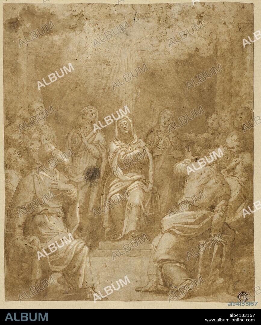 Study for the Pentecost. Simone Peterzano; Italian, 1573-1596. Date: 1578-1582. Dimensions: 287 x 239 mm (max.). Pen brown ink and brush and brown wash, heightened with lead white (with later additions to left knee and face of Virgin), over traces of black chalk, on ivory laid paper, laid down on tan laid paper. Origin: Italy.