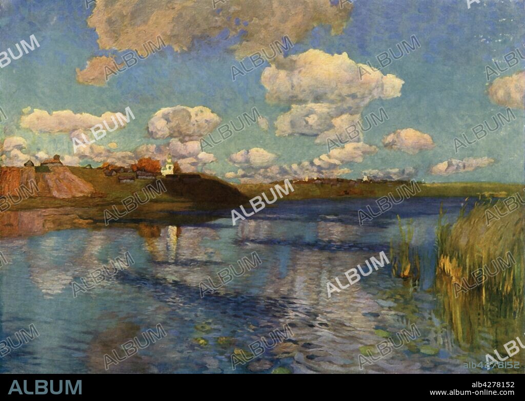 ISAAK LEVITAN. 'A Sunny Day by the Lake', 1899-1900, (1965). Painting, also known as 'The Lake', in the State Russian Museum, St Petersburg. From "Russian Painting of the 18th and 19th Centuries" by Vladimir Fiala. [Artia, Czechoslovakia, 1965].