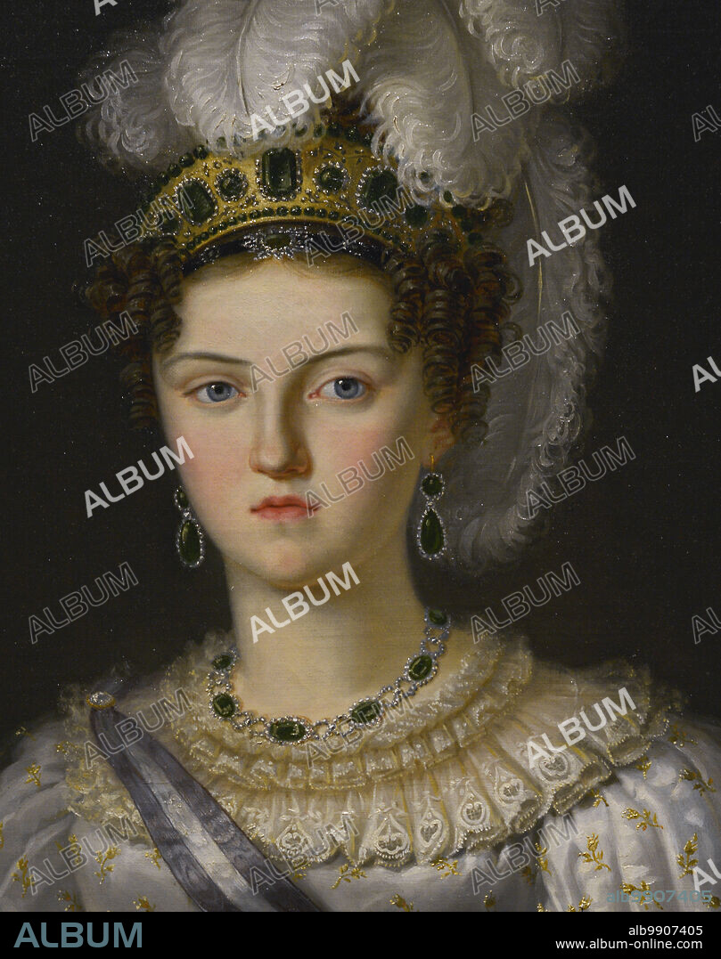 FRANCISCO LACOMA FONTANET (1870-1945). SPANISH PAINTER.. María Josefa Amalia de Sajonia (1803-1829). Reina consorte de España. María Josefa Amalia de Sajonia, tercera esposa del rey Fernando VII. Retrato por Francisco Lacoma Fontanet (1870-1945) en 1820. Oleo sobre lienzo (110 x 86 cm). Detalle. Museo del Prado. Madrid. España.