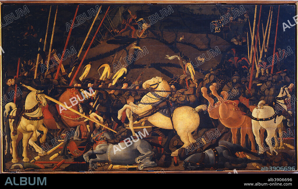 PAOLO UCCELLO. Battaglia di San Romano / Battle of San Romano. Date/Period: From 1436 until 1440. Painting. Tempera on panel. Height: 188 cm (74 in); Width: 327 cm (10.7 ft).