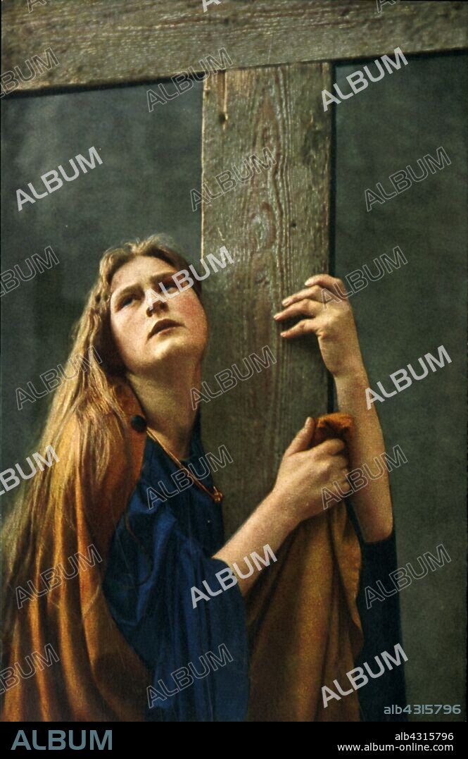 HENRY TRAUT. The Magdalene, 1922. Paula Rendl as Mary Magdalene in the Oberammergau Passion Play. The play is performed every 10 years, on open-air stages, by the inhabitants of the village of Oberammergau in Bavaria, Germany. First staged in 1634, the play tells the story of Jesus' passion, culminating in his crucifixion. The event has become a tourist attraction, with audiences coming from all over the world. Official postcard of the 1922 Oberammergau Passion Play. [F. Bruckmann, Munich, Germany, 1922].