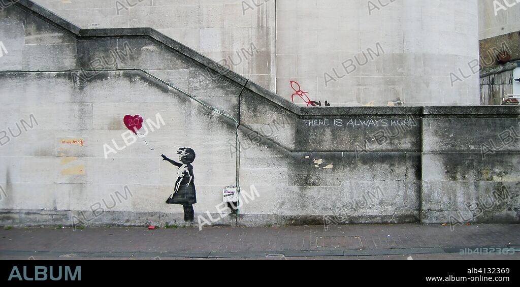 BANKSY. Girl with Balloon. Mural on Waterloo Bridge in South Bank , 2004.