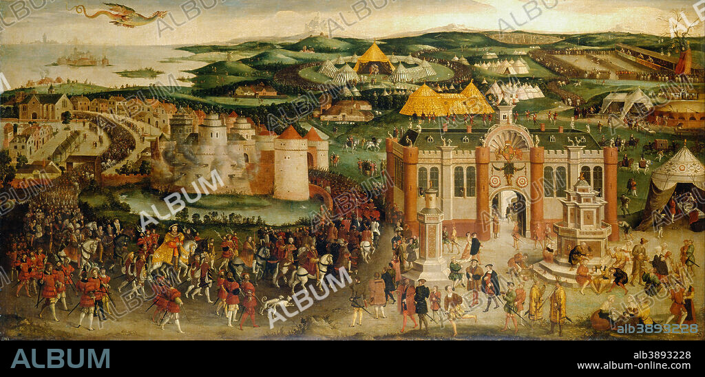 PREVIOUSLY ATTRIBUTED TO HANS HOLBEIN THE YOUNGER. Field of the Cloth of Gold. Date/Period: 1545. Painting. Oil on canvas. Height: 168.9 cm (66.4 in); Width: 347.3 cm (11.3 ft).