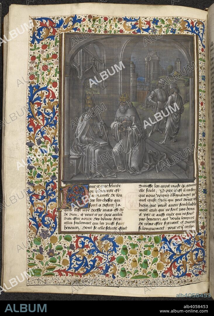 RAOUL DE PRESLES (TRANSLATOR). A pope and Christian emperor. S. AUGUSTINE, De civitate Dei, in French: the translation and commentary made by Raoul de Presles for Charles V of France. Late 15th century. Source: Royal 14 D. I f.224v. Language: French.