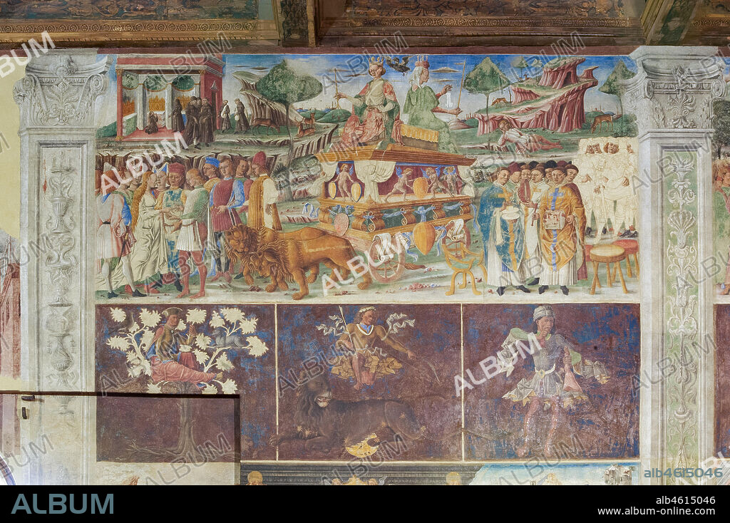 Ferrara: Palazzo Schifanoia, Hall of the Months, Northern Wall: "July" with the triumph of Jupiter and Cybele, the Zodiac sign of the Leo and the three decans, on a project by Cosmé Tura e realised by painters of the Ferrara school, about 1468 - 1470.
