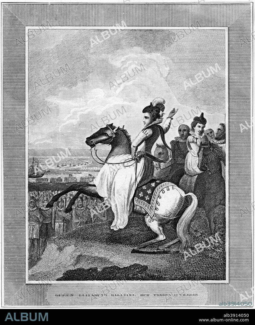 Queen Elizabeth I rallying her troops at Tilbury, 1588, (19th century). Elizabeth (1533-1603) gave a rousing speech at Tilbury on the River Thames to troops waiting for the Spanish Armada.