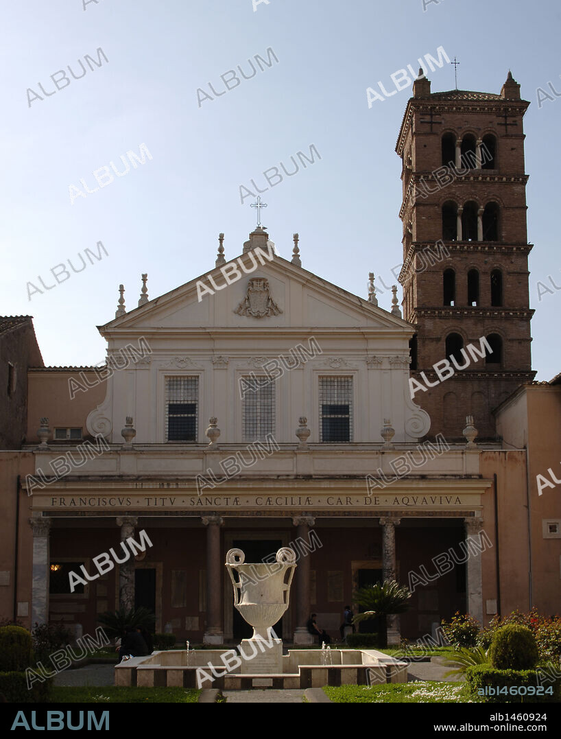 Italy. Rome. Basilica of Saint Cecilia in Trastevere. Facade, 1725, by Ferdinando Fuga (1699-1781) and the belltower, 12th century.