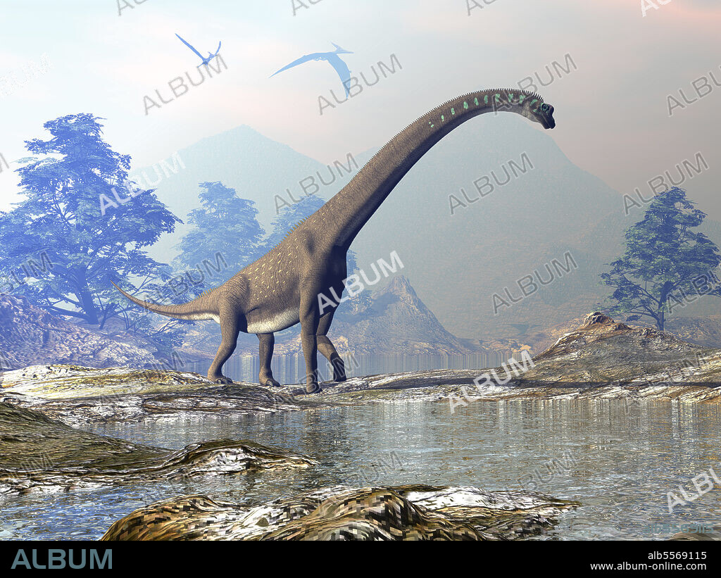 Giraffatitan dinosaur walking alongside a watering hole in a prehistoric environment.