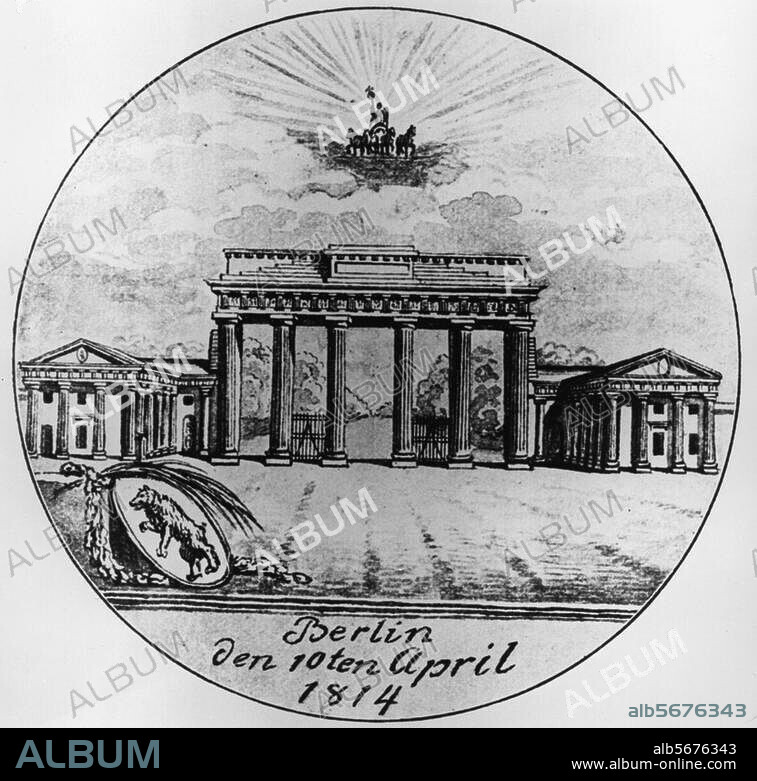 Berlin, Porte de Brandebourg. (construction 1788-91 par C.G.Langhans, Quadrige de J.G. Schadow, 1793). "Berlin, le 10 avril 1814". (Allégorie sur le retour du quadrige spolié en 1806 par Napoléon). Dessin d'époque anonyme.