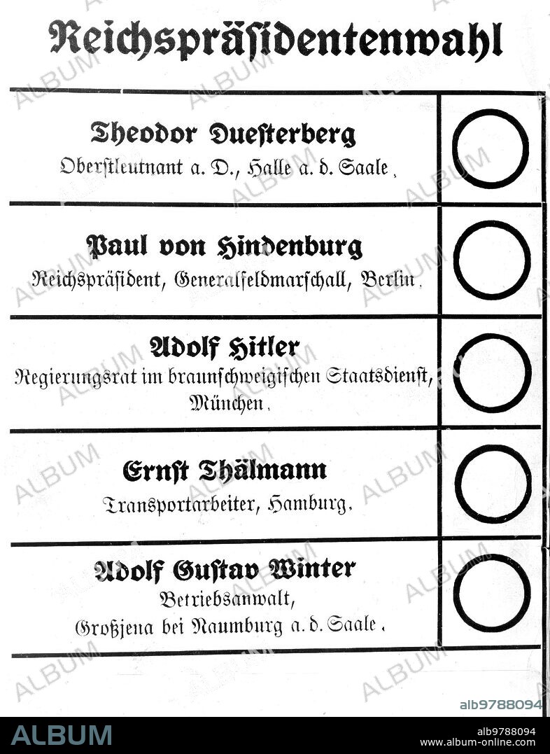 3 marzo 1932. Elecciones presidenciales en Alemania: En la imagen, una de las papeletas utilizadas para la votación, con el nombre de los cinco candidatos.