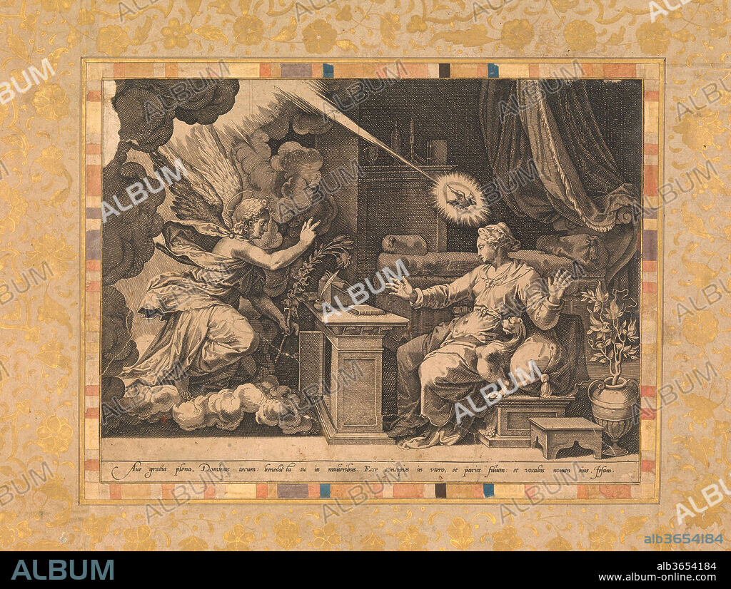 "The Annunciation", Folio from the Bellini Album. Dimensions: H. 7 7/8 in. (20 cm)
W. 10 7/8 in. (27.7 cm). Date: ca. 1600.
This album incorporates numerous Western prints as well as examples of Ottoman and Safavid painting and calligraphy. The Annunciation by Cornelis Cort on this folio attests to the type of artistic models that would have transmitted Western styles and motifs to Ottoman realms.