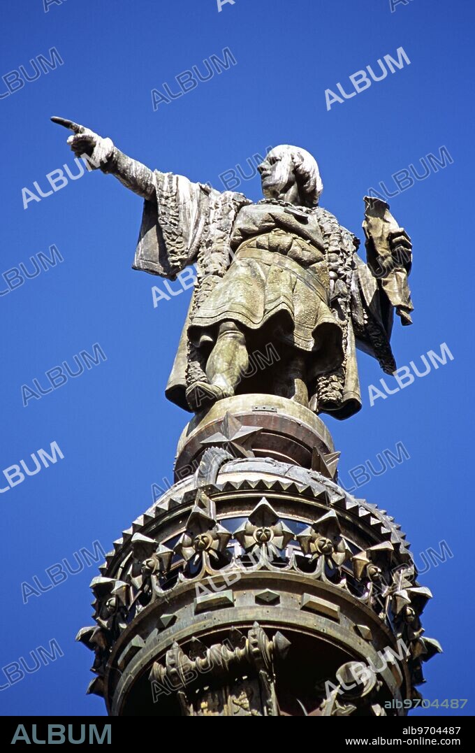 Monument a Colom, Christopher Columbus Monument, Christopher Columbus statue detail, La Rambla, Barcelona, Spain.