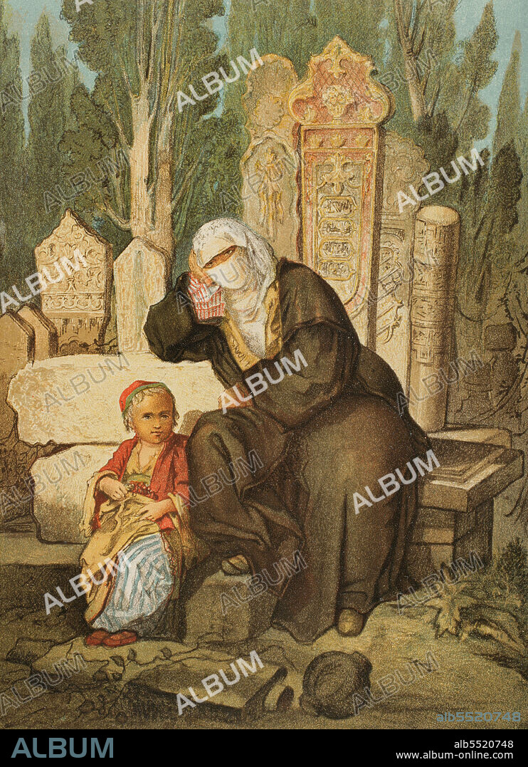 JOSÉ ACEVEDO. SPANISH ARTIST OF THE MID-19TH CENTURY.. Turkish cemetery. Chromolithography. Illustration by José Acevedo. Lithograph by José María Mateu. "Viaje a Oriente", 1878.