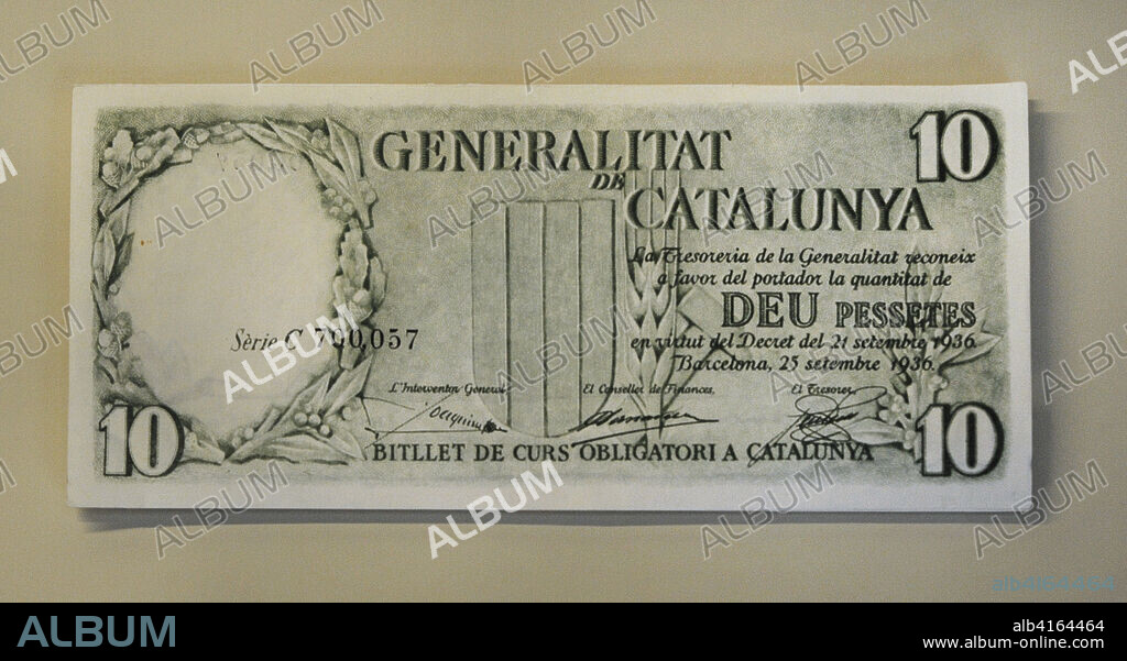 Anverso de un billete de 10 pesetas de la Generalitat de Catalunya. Barcelona, 25 de septiembre de 1936. La Guerra Civil Española originó graves problemas económicos, como la falta de moneda fraccionaria. La Consejería de Finanzas de la Generalitat de Catalunya, presidida por Josep Tarradellas (1899-1988), en septiembre de 1936 decretó un plan de emisión de papel moneda de curso legal para Cataluña, con el aval del tesoro de la Generalitat y al margen del Banco de España. Se proyectaron varios valores, aunque solamente se pusieron en circulación los billetes de 2,5, 5 y 10 pesetas. El Gobierno de la República lo prohibió en 1938. El diseño corrió a cargo del artista novecentista Josep Obiols (1894-1967). Museo Arqueológico Nacional. Madrid. España.