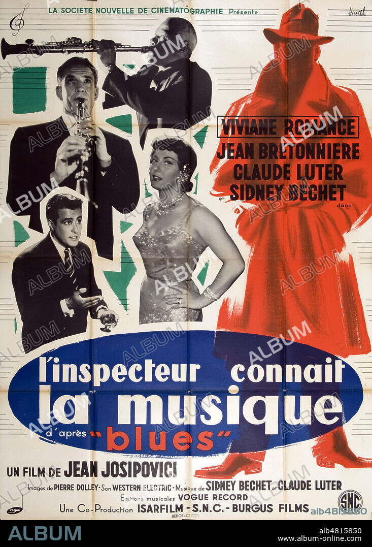 'L'inspecteur connait la musique'. Affiche du film realise par Jean Josipovici en 1955, avec Viviane Romance, Jean Bretonniere, Claude Luter et Sidney Bechet. Credit : IM/KHARBINE-TAPABOR.