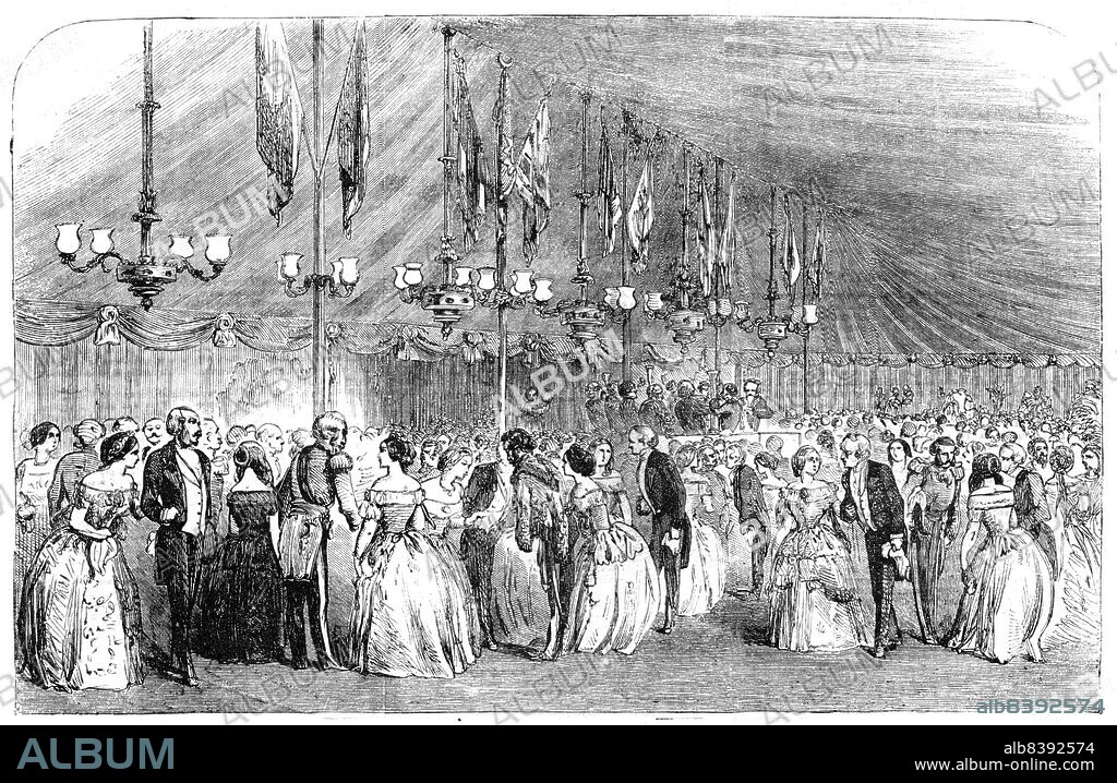 Ball at Hawkstone, to Commemorate the Majority of Hon. Rowland Clegg Hill, 1854. Party for Rowland Clegg-Hill's 21st birthday at the family seat of Hawkstone Hall in Shropshire. 'The pavilion arranged for the salon de danse was erected on the terrace adjoining the Hall. The temporary apartment, 116 feet in length by 36 wide, was draped, tent-like, in scarlet and white. It was lighted by a profusion of chaste chandeliers and brackets, and the ball-room was decorated with flags and banners, the ensemble having a most picturesque and imposing effect. Messrs. Coote and Tinney's band, assisted by Mr. Walter C. Hay, of Shrewsbury, and a small staff, occupied a raised platform in the centre'. From "Illustrated London News", 1854.
