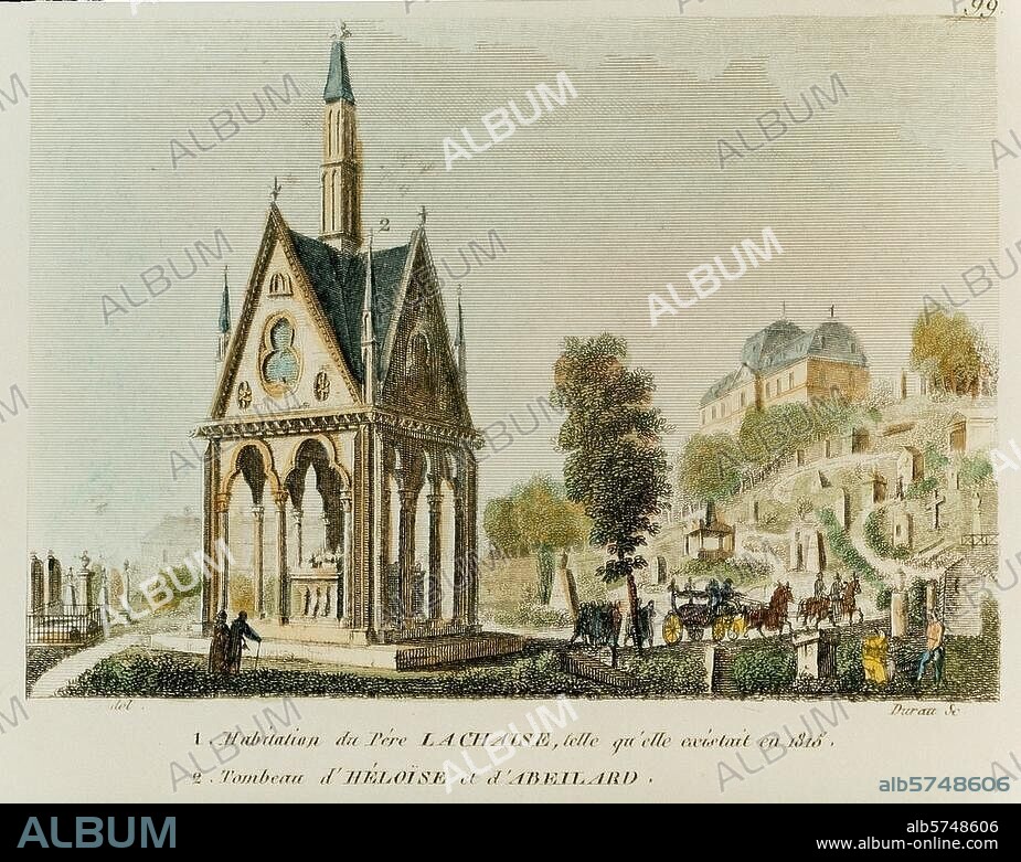 zu: Abaelard, Peter; scholastischer Philosoph und Theologe; 1079-1142. - "Tombeau d'Héloïse et d'Abeilard (..) ". (Cimetière du Père Lachaise in Paris; im Hintergrund das Haus des Père François de La Chaise). Kupferstich, koloriert, von Louis Durau. (geb. 1791). Aus: J.A.Dulaure, Histoire de Paris, 1829. Paris, Privatsammlung.