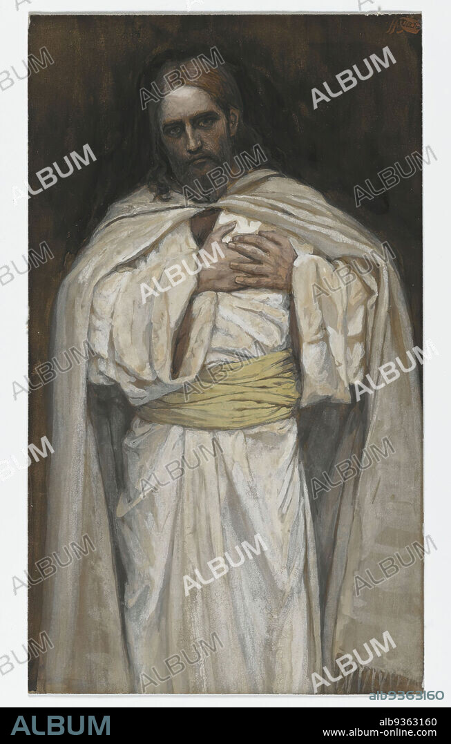 Our Lord Jesus Christ, Notre-Seigneur Jésus-Christ, The Life of Our Lord Jesus Christ, La Vie de Notre-Seigneur Jésus-Christ, James Tissot, French, 1836-1902, Opaque watercolor over graphite on gray wove paper, France, 1886-1894, Image: 6 7/16 x 3 3/4 in., 16.4 x 9.5 cm, affection, Bible, Biblical, Catholicism, Christ, Christianity, drapery, French, gaze, gesture, God, hands, heart, Jesus, New testament, Religion, Religious, robes, Tissot.
