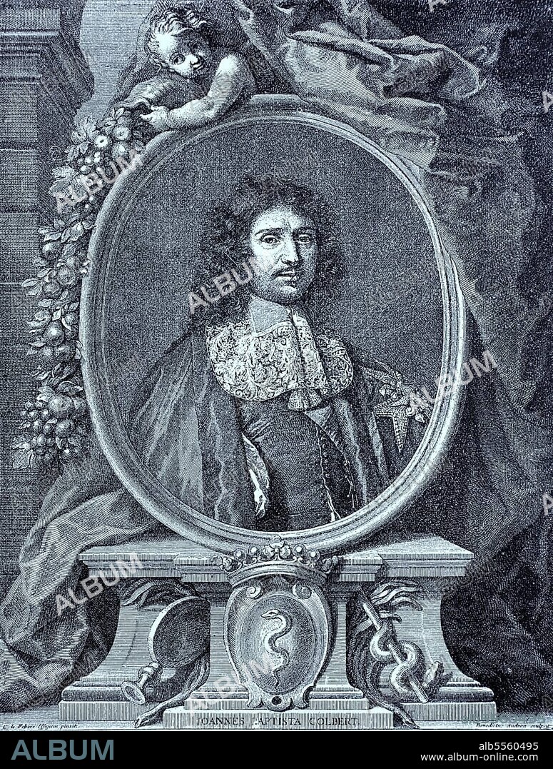 Jean-Baptiste Colbert, Marquis de Seignelay, 29 August 1619, 6 September 1683, was a French statesman and the founder of mercantilism, Colbertism, was a successful finance minister under Louis XIV and laid the foundations of French economic and colonial policy, France, digital improved reproduction of an original print from 1880