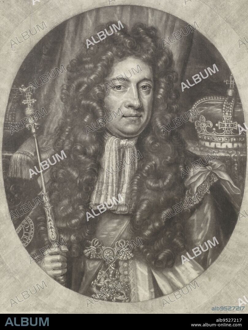 George I, King of Great Britain In his hand the scepter and beside him the crown He wears the order chain of the Order of the Garter In the margin his name and titles, Portrait of George I, King of Great Britain, print maker: Jacob Gole, (mentioned on object), after: Johann Leonhard Hirschmann, (mentioned on object), publisher: Jacob Gole, (mentioned on object), Amsterdam, 1701 - 1724, paper, engraving, h 346 mm × w 255 mm.