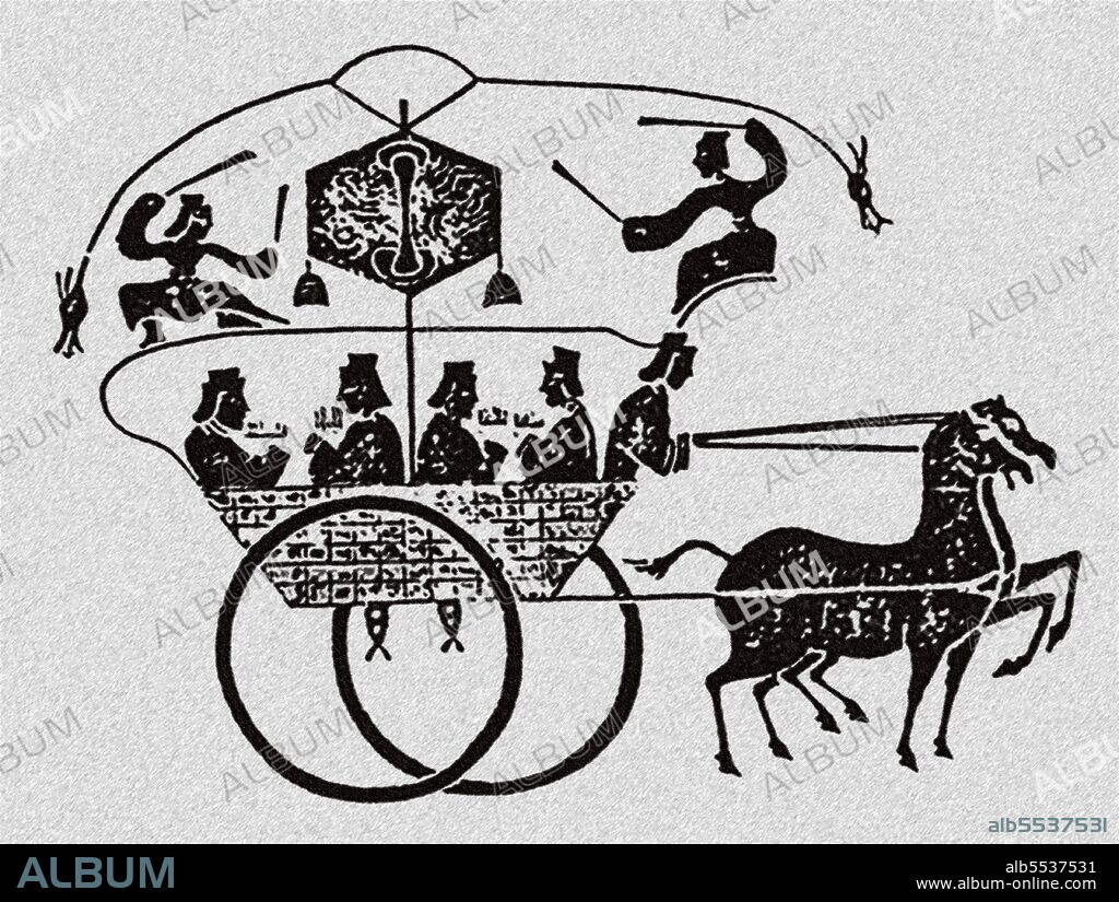 China An early Chinese odometer represented in a stone rubbing from the Xiaotang Shan Han Mu Ci Shandong Province c. 125 CE Album alb5537531