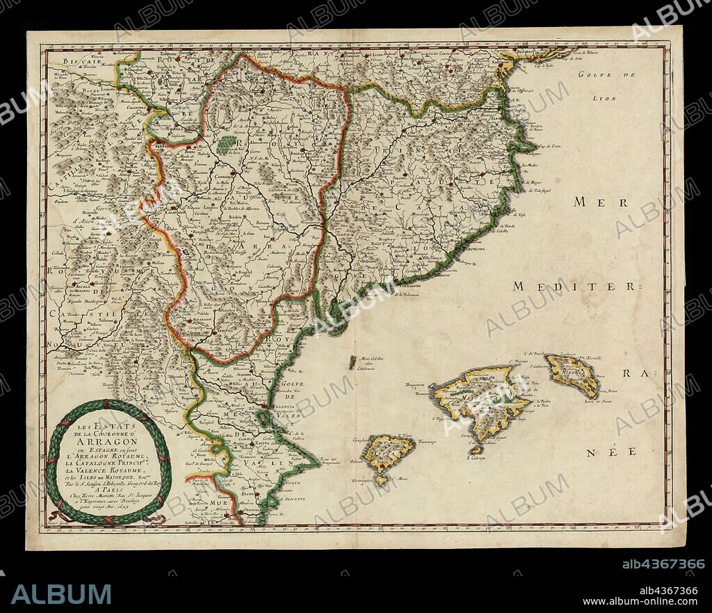 La corona de Aragón. Mapa de los estados de la corona a Aragón en España, donde se encuentran el reino de Aragón, el principado de Cataluña, el reino de valencia y la islas de Mallorca, 1653. Autor: Pierre Marietta.