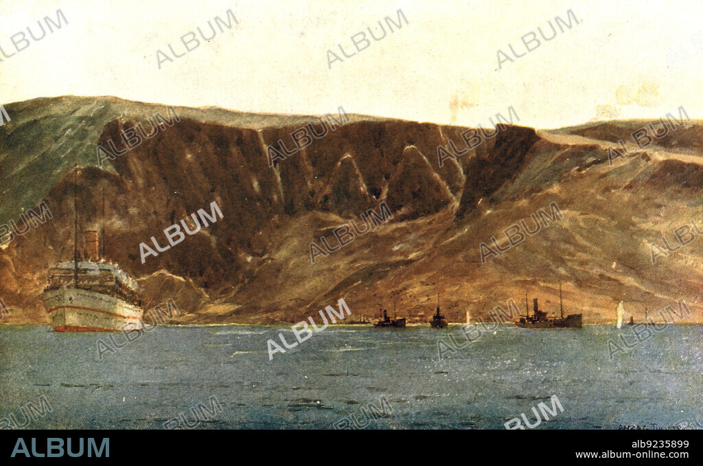 NORMAN WILKINSON. 'La baie de Suvla et les Falaises d'Anzac; Les falaises d'Anzac, point e debarquement des Australiens et des Neo-Zelandais, le 25 avril 1915. A gauche un navire-hopital; a droite,eclatements d'obus turcs au milieu des dragueurs', 1915. From "Collection de la Guerre IV. L'Illustration Tome CXLVIII. La Guerre Juillet, Aout, Septembre, Octobre, Novembre, Decembre 1916".
