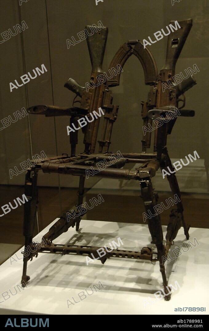 Throne of Weapons. Sculpture created by Cristovao Canhavato (b. 1966) in Maputo. Weapons used in the mozambican civil war (1977-1992). 1992. British Museum. London. England. United Kingdom.