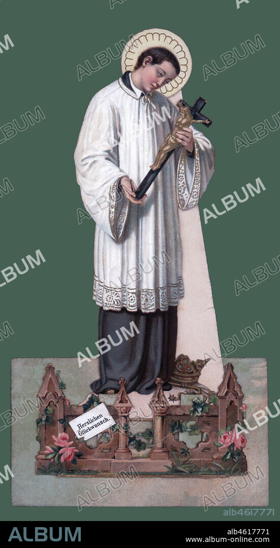 Imagen religiosa troquelada de San Luis Gonzaga (1568-1591), religioso jesuita italiano. Impreso en Alemania. Año 1900.