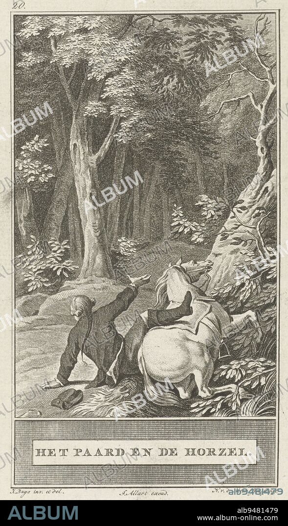 A horse sinks through his hooves and throws off his rider after being stung in the nose by a hornet, Horse and Hornet The Horse and the Hornet , print maker: Noach van der Meer (II), (mentioned on object), intermediary draughtsman: Jacobus Buys, (mentioned on object), publisher: Johannes Allart, (mentioned on object), Amsterdam, 1777, paper, etching, h 244 mm × w 155 mm.