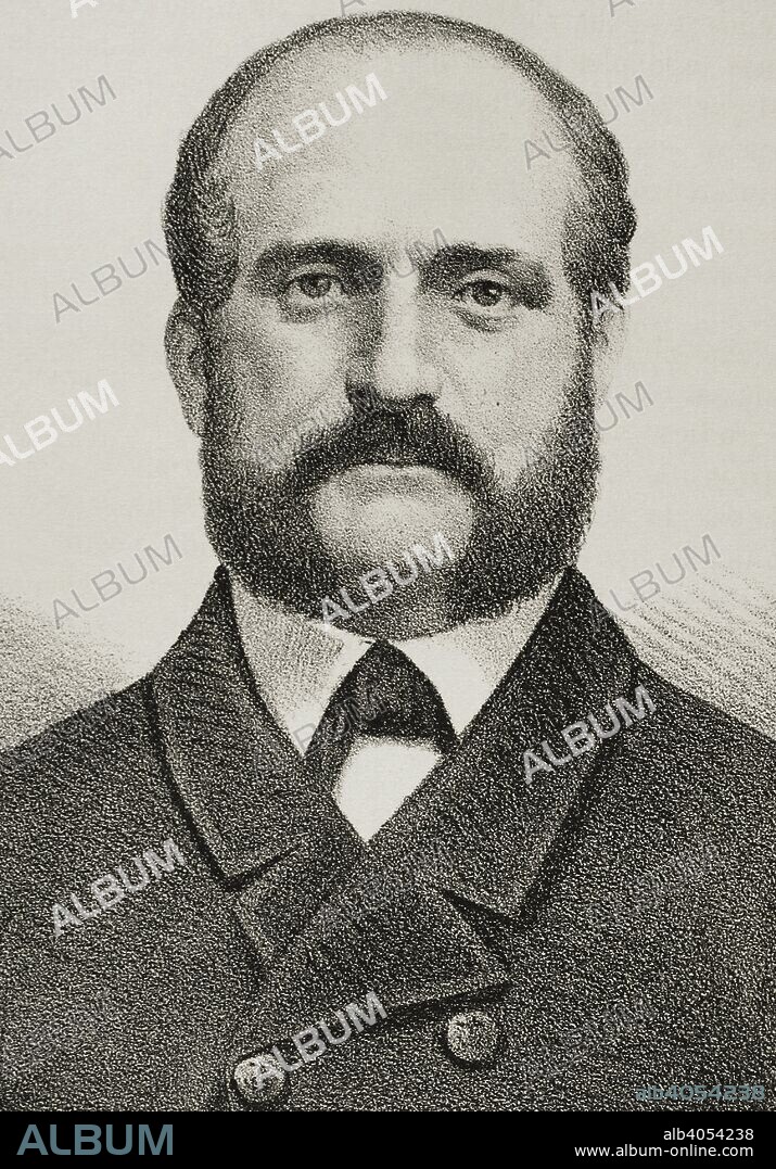 Juan Bautista Topete (1821-1885). Marino, militar y político español, vicealmirante de la Armada Española y héroe de la Guerra del Pacífico. Dibujo por Llanta. Retrato, detalle. Litografía. Crónica General de España, Historia Ilustrada y Descriptiva de sus Provincias. Andalucía, 1867. Biblioteca Histórico Militar de Barcelona, Cataluña, España.